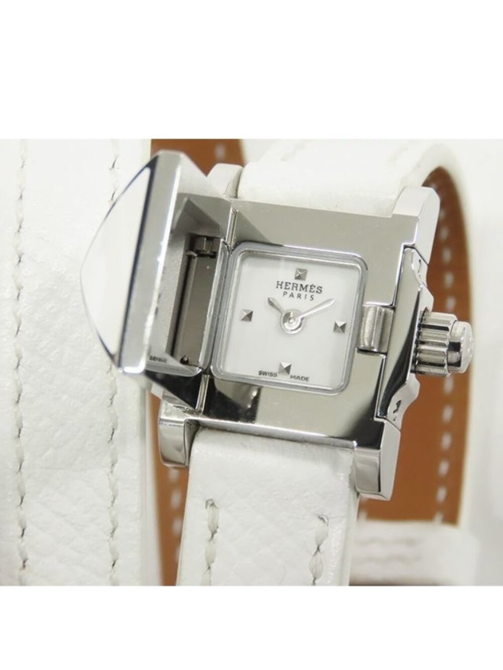 Hermes Medor White SS Epsom TPM Triple Tour Watch Quartz